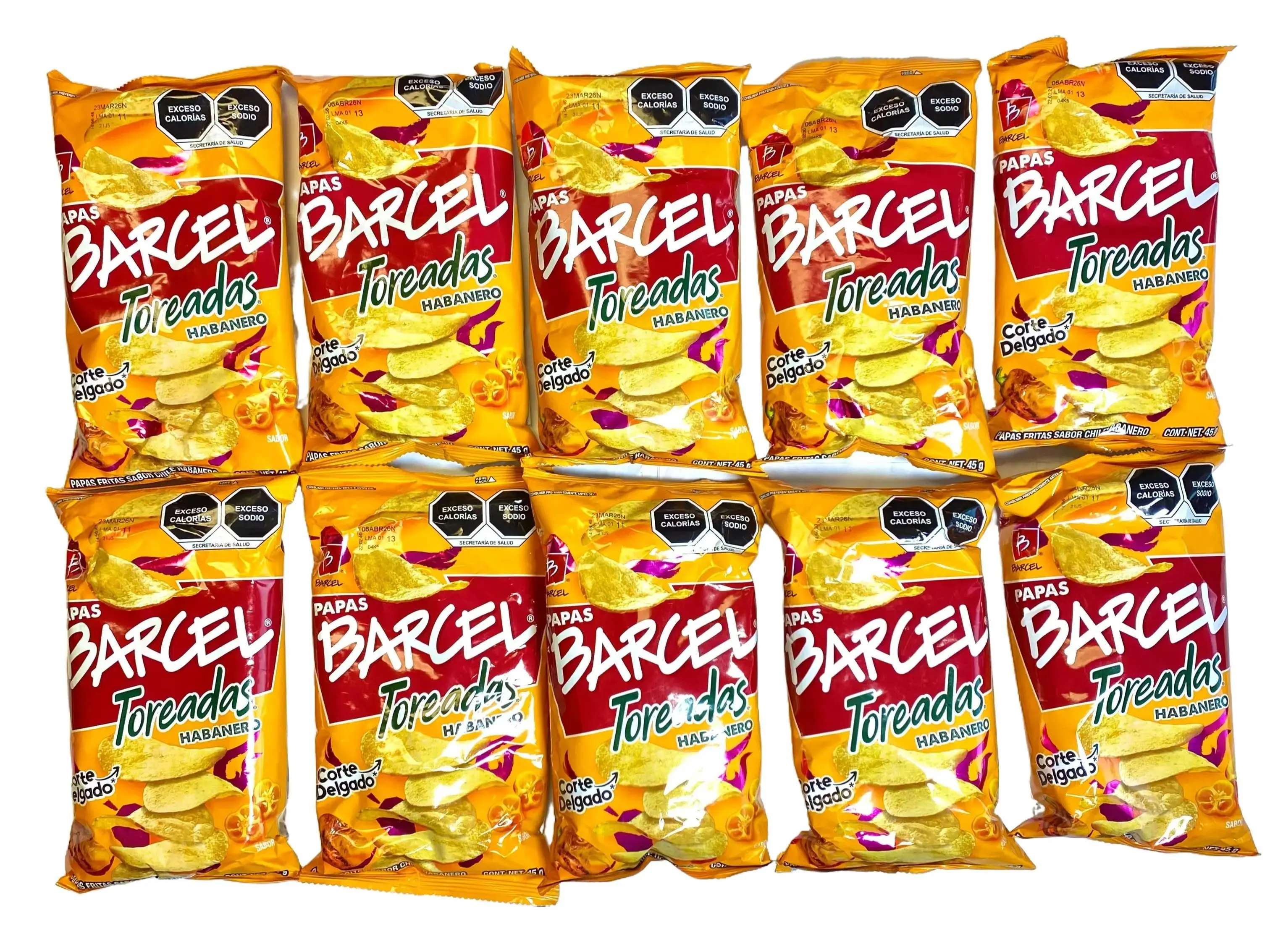 10 - PK BARCEL TOREADAS HABANERO - Mexican Chips - Snack Crispy Crunchy Bite - 45 GRAMS PER BAG - MEXICAN CHIPS - PAPITAS MEXICANAS - SABRITAS MEXICANAS