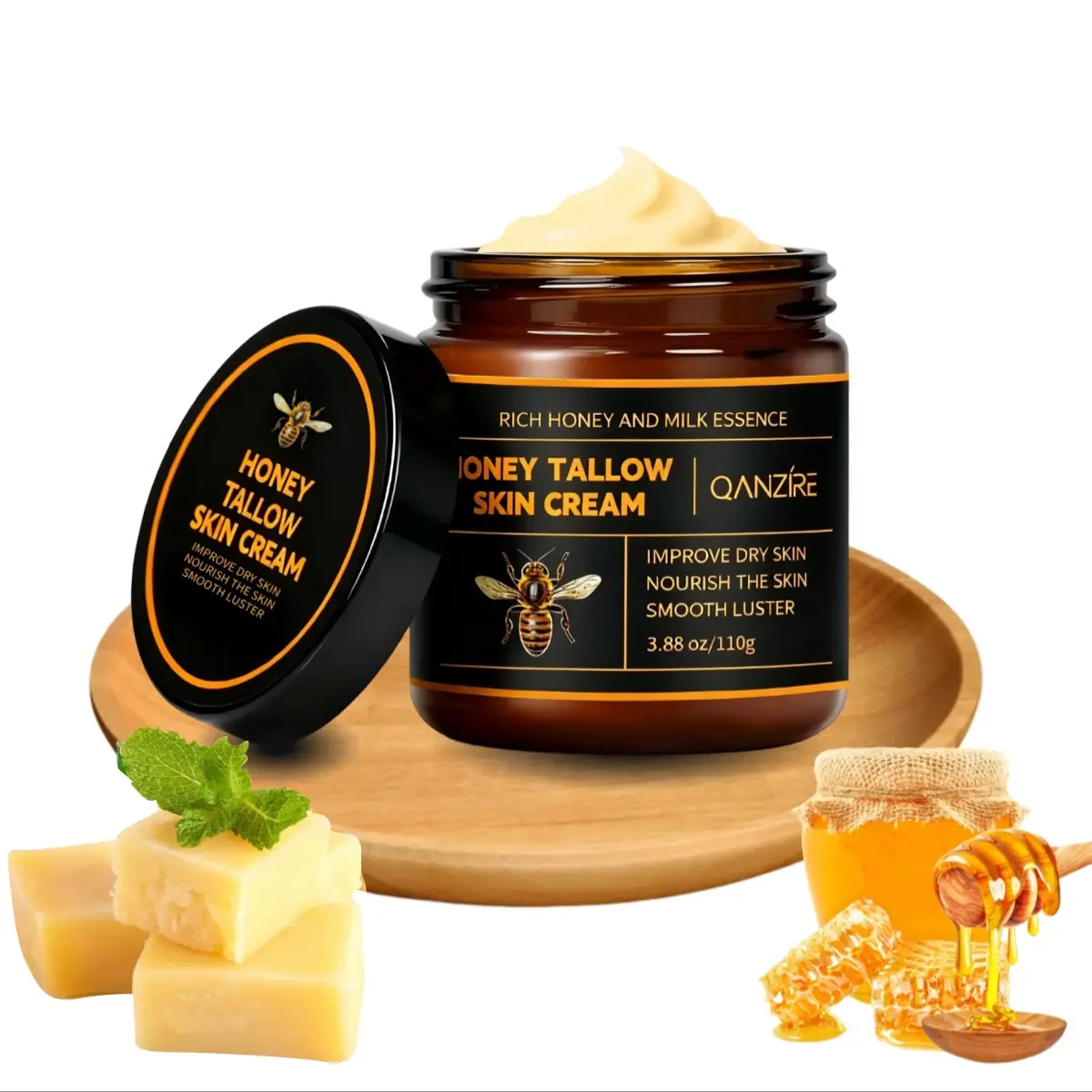 Organic Grass-Fed Beef Tallow Balm with Raw Honey – Natural Moisturizer for Soft, Smooth, and Radiant Skin Body Care Moisture 3.88 oz, Suitable for All Skin Types