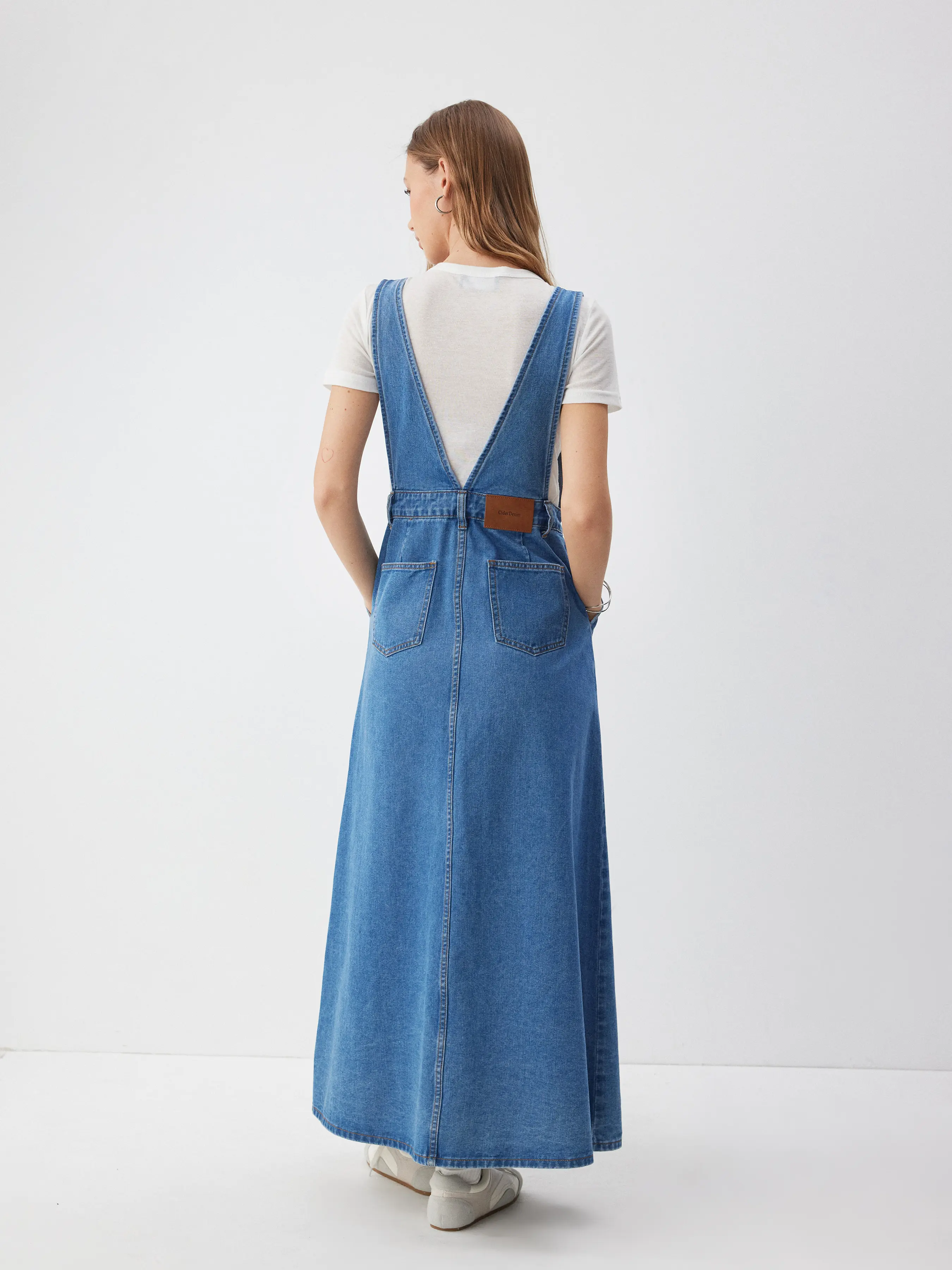 denim pinafore maxi dress Denim Maxi Dress with Bow Straps