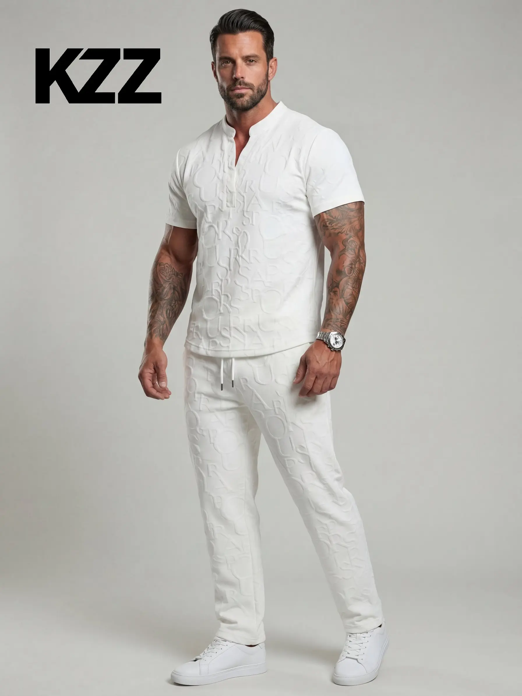 KZZ Men's 2-Piece Matching Set - Casual Short-Sleeve Textured Notched Neck Tee & Regular-Fit Elastic Waistband Drawstring Trousers, Spring/Fall Quick-Wear Outfit, Gift For Him, 2 Piece Sets
