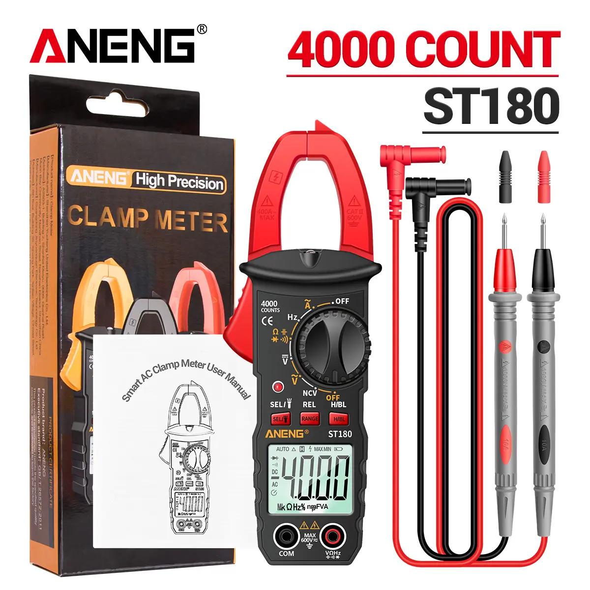 ANENG Digital Clamp Meter Multimeter with D-Shaped Jaw for AC/DC Current & Voltage, Auto-ranging 4000 Counts Voltage Tester with Flashlight Backlight, Measuring Temperature Continuity Diode NCV, 1*Combination Lead, 1*Instruction Manual