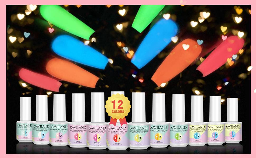 SAVILAND Glows in The Dark Gel Nail Polish Set - 12 Halloween Colors Luminous Neon Nail Gel Polish Set Soak off U V/LED Glow Effect Nail Polish for DIY Nail Art Design Holiday Gifts for Women Nail Care Manicure Cutics Cosmetic