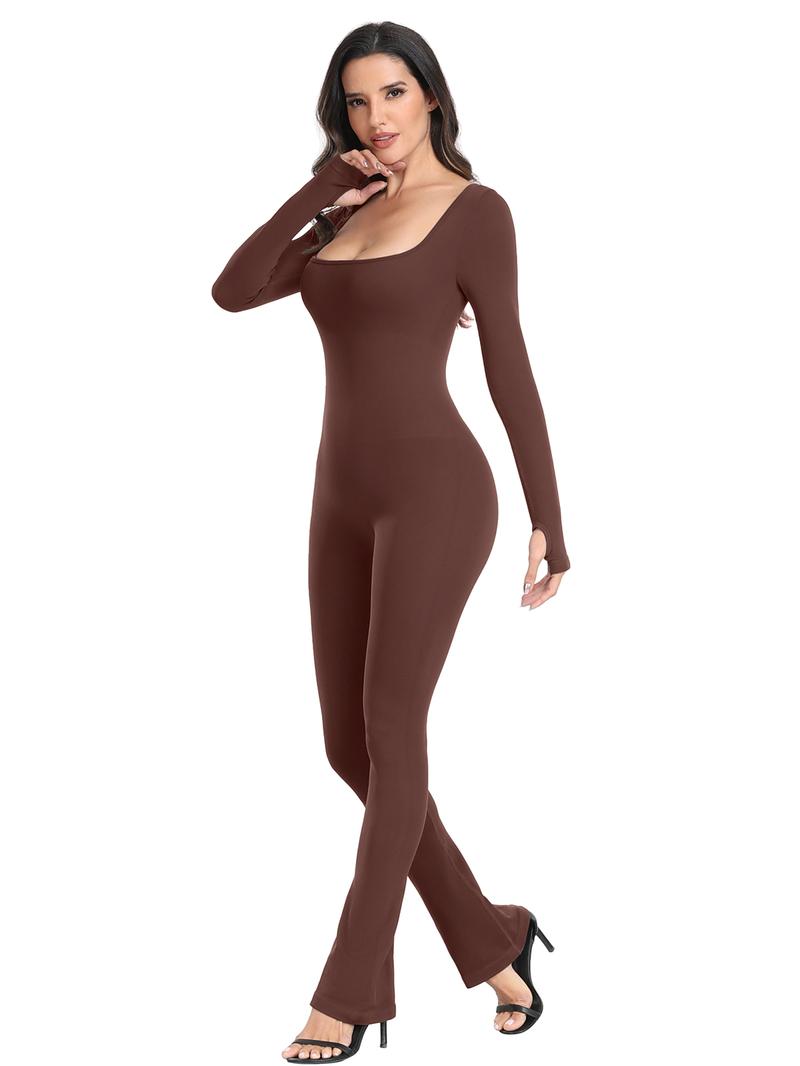 Long Sleeve Flare Wide Leg Jumpsuits Square Neck Full Length Jumpsuits