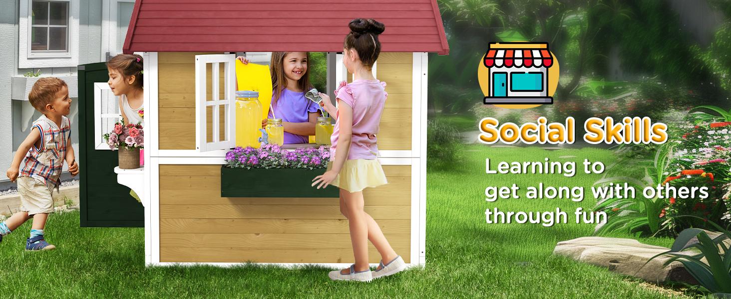 Outsunny Playhouse for Kids Outdoor, Country Style Wooden Playhouse with Flower Pot Holders, Working Door, Windows, Service Stations for 3-7 Years