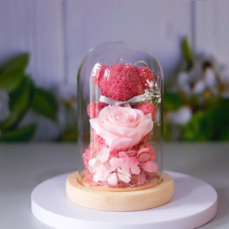 Valentine's Day Gift For Girlfriend Eternal Preserved Rose Flower Gift Box Teddy Bear Eternal Flower With Lights Gift For Women Home Decor