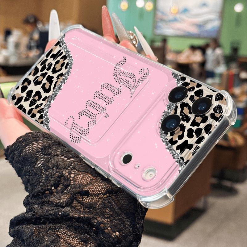 Transparent Card Slot Case, Leopard Pattern, Thick Anti-Drop Phone Cover Compatible with iPhone 17/17 Pro Max/air/11-16 Series Military-Grade Camera Custom Monogram Striped Glitter Electroplated Girly iPad Pen Anti-Slip Slim Shockproof Camo Tough