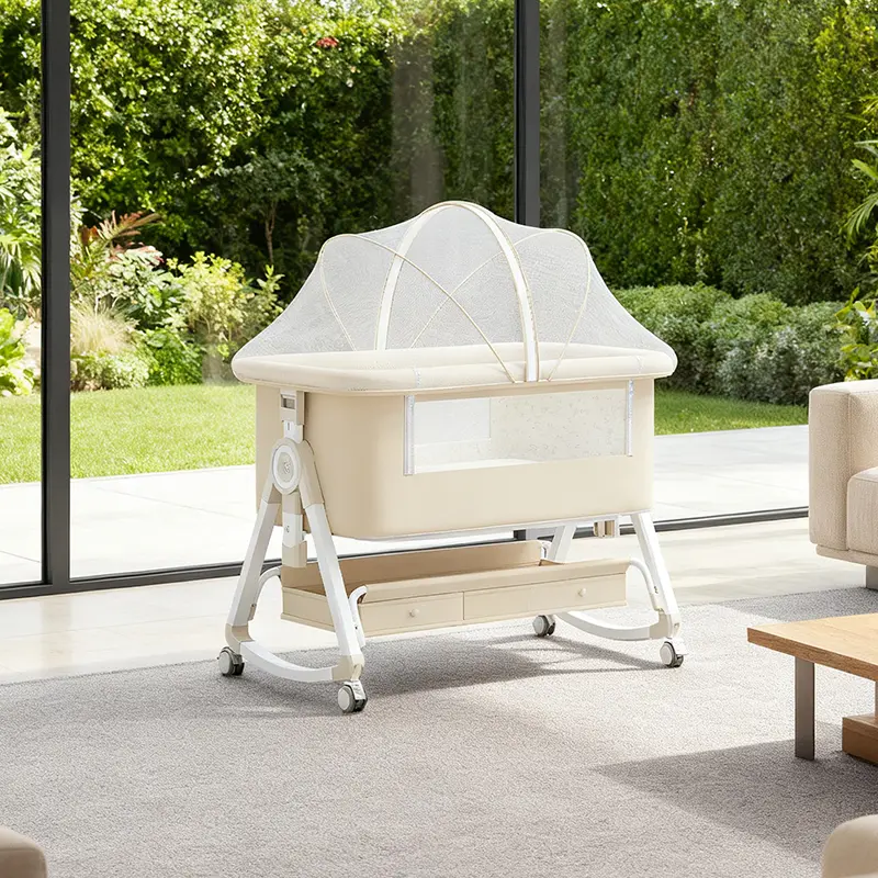 Adjustable Baby Bassinet Bedside Sleeper, 6-Speed Height, Rocking Crib with Mosquito Net & Storage, Breathable Mesh, Foldable Cradle for Newborn Portable