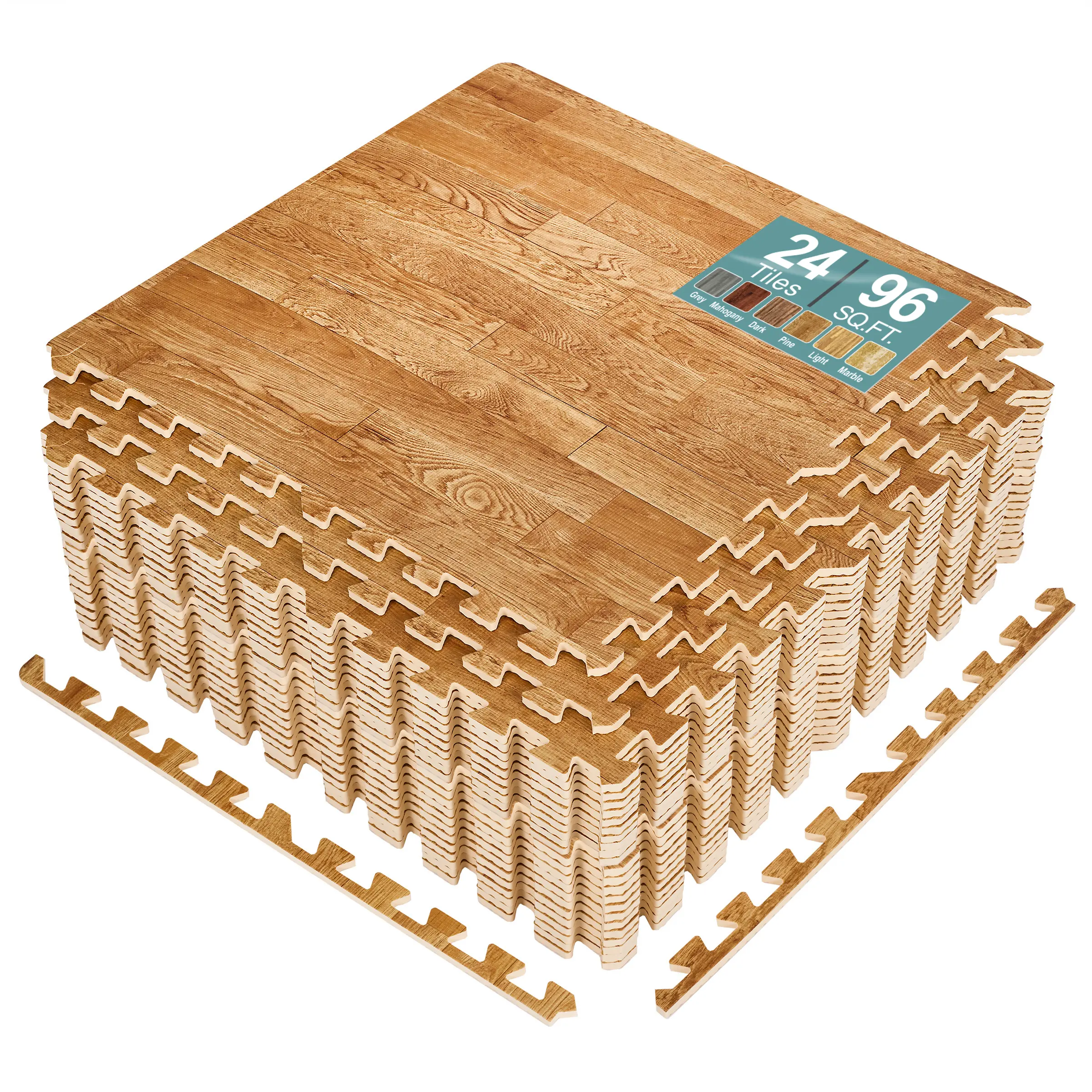 Sorbus Faux Wood Interlocking Foam Flooring Mat - Plain Anti-Fatigue Home Decor for Living Room, Jigsaw-Lock Fit, Plastic Floor Cover, Multiple Packs, Various Sizes, Included Borders, Jigsawlock Fit