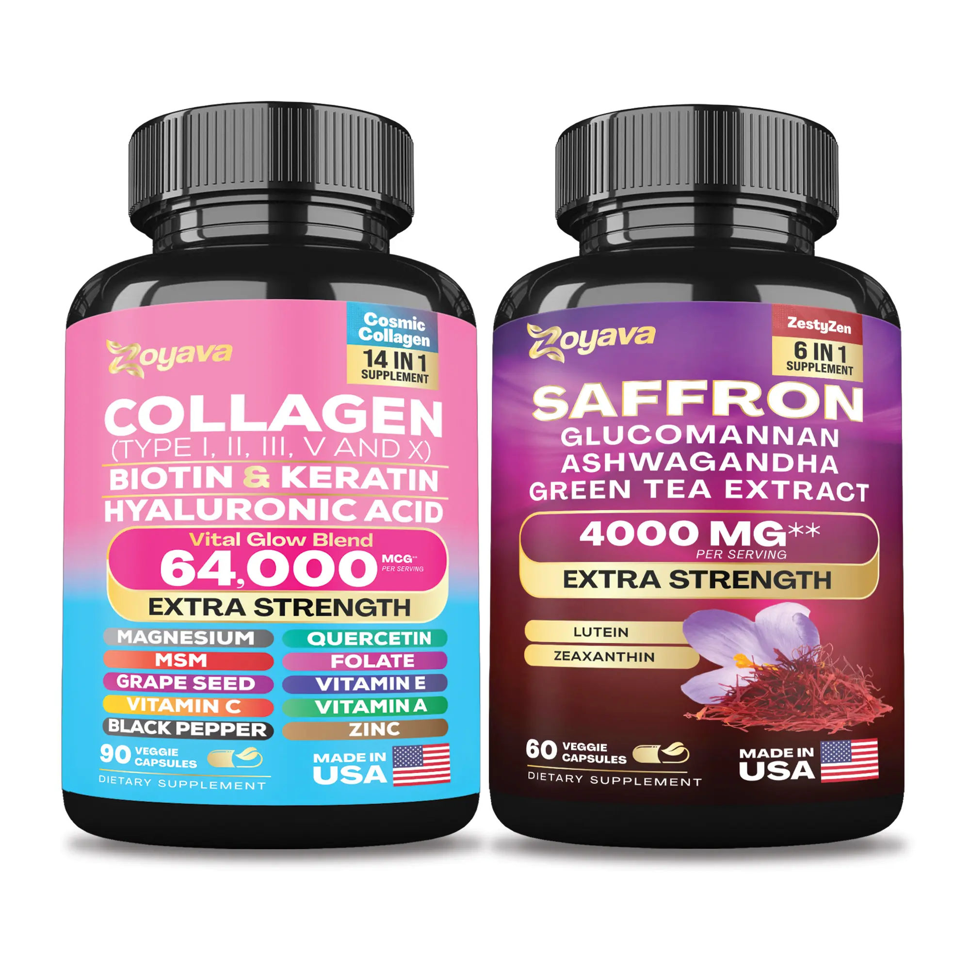 Zoyava Beauty Bundle: Collagen Beauty Complex (64,000MCG) & Saffron Blend (4,000MG) Duo - Made in USA