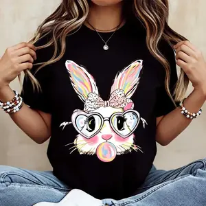 Cute Bunny Rabbit T-Shirt White Colorful Easter Bunny With Heart Glasses And Bubblegum Print For Spring And Holiday Wear