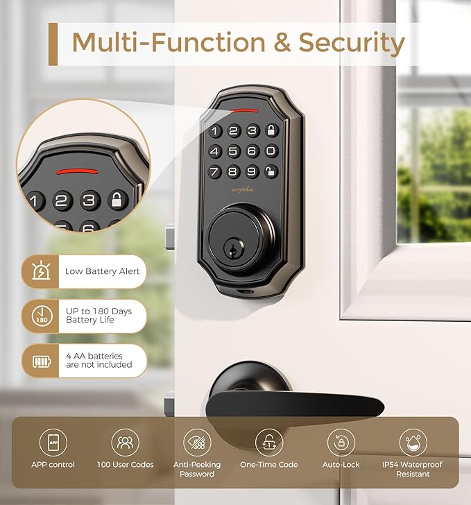 ARPHA D180 Keyless Door Lock with 50/100 Codes, Smart Lock with Anti Peeping Password, Keypad Deadbolt One Touch Locking, Auto Lock, Easy Install.Multiple styles to choose from, APP version&no APP version; With door handle&without door handle ARPHA D180 Keyless Door Lock with 50/100 Codes, Smart Lock with Anti Peeping Password, Keypad Deadbolt One Touch Locking, Auto Lock, Easy Install.Multiple styles to choose from, APP version&no APP version; With door handle&without door handle