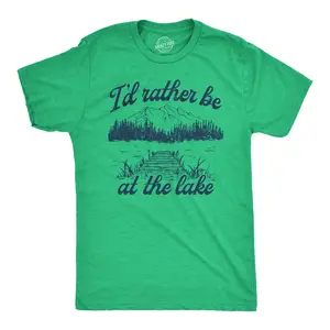 Mens Id Rather Be At The Lake T Shirt Funny Cool Nature Lover Novelty Tee for Guys Mens Funny T Shirts Cool Vintage Fashion T-Shirt Gift Classic Menswear Funny Camping Short Sleeve Novelty Tees for Guys Green -