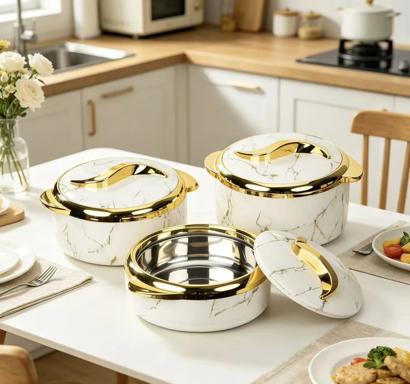 Stainless Steel Kitchen 3-Piece Marble Pattern Round Eco-Friendly Thermal Insulation Food-Grade Storage Containers Set - Large-Capacity Bowls & Pot for Home, Outdoor Picnics