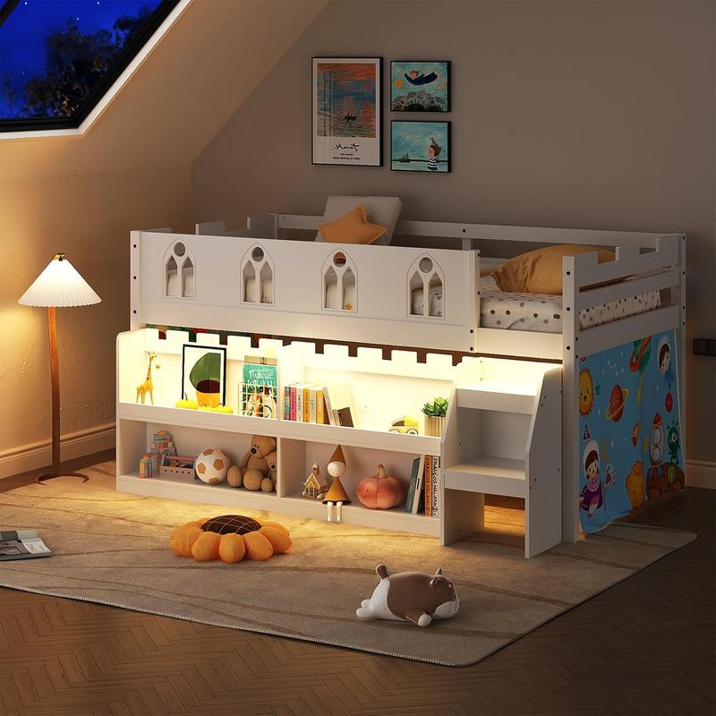 JOYMOR Low Loft Bed Twin Size with LED Lights, 4 Storage Shelves, Removable Curtain, Kids Wood Loft Bed with 15" H Safety Guardrail, Spave Saving, Mattress Not Included