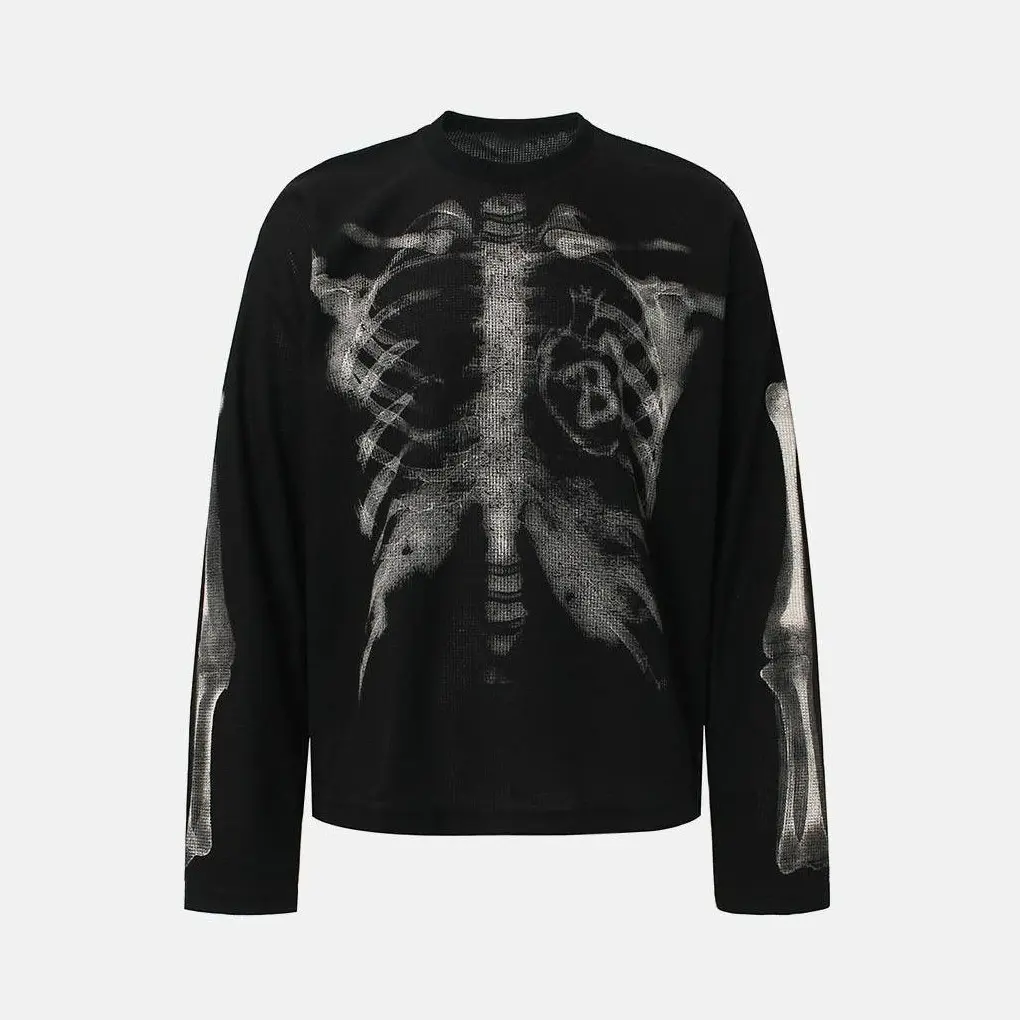 inflation Men's Oversized Alternative Style Waffle Knit Thermal Long Sleeve Knitwear Shirt - 65% Cotton 35% Polyester, Skeleton Ribcage X-Ray Print, Casual Streetwear Tops, Waffle Knit Texture, XL (Pairs with Jeans), Round Neck