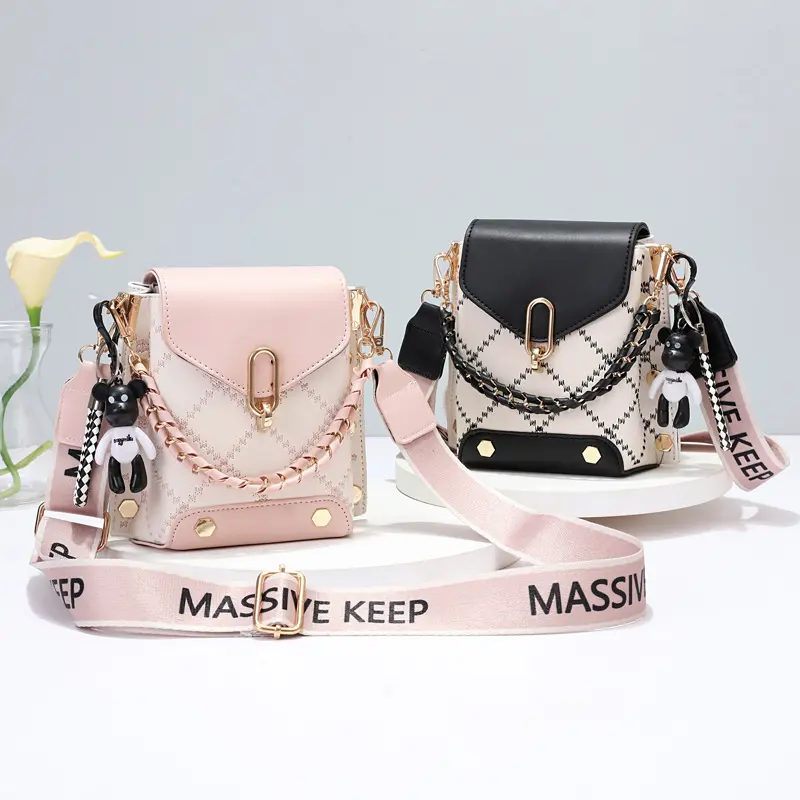 Small Shoulder Phone Bag with Adjustable Strap, Stylish Lightweight Purse  Color Blocked Plaid Handbag With Cute Pendant  for Women Ideal for Travel Shopping Work & Business