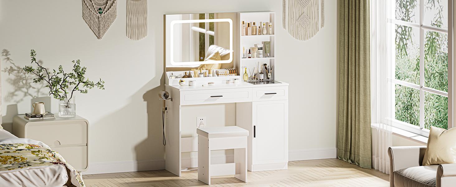 HOMMPA Vanity Desk with Mirror and Lights 41.3“W Makeup Desk with Drawers and Storage Modern Vanity Table with Lighted Mirror Makeup Table with Outlet Dressing Table with Glass Top for Bedroom White