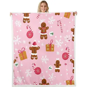 Merry Christmas Fleece Throw Blanket Gingerbread Man Sherpa Blanket for Kids Women Men Plush Fuzzy Snowflake for Bed Couch Chair