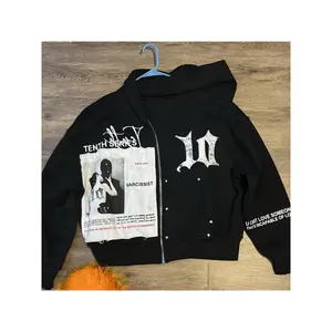 Unisex Oversized Zip-Up Hoodie with Graphic Patchwork Design & Glove Detail - Y2K Harajuku Streetwear Sweatshirt, Black Casual Pullover for Fall Winter Layered Look, Autumn Streetwear, Comfortable Wear Menswear Sleeve Fabric Polyester Stretch Tops