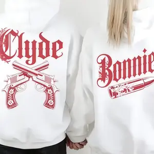 Clyde Bonnie Couple Hoodie, Matching Name Hoodie Set, Bold Vintage Couple Outfit Gift for Him and Her