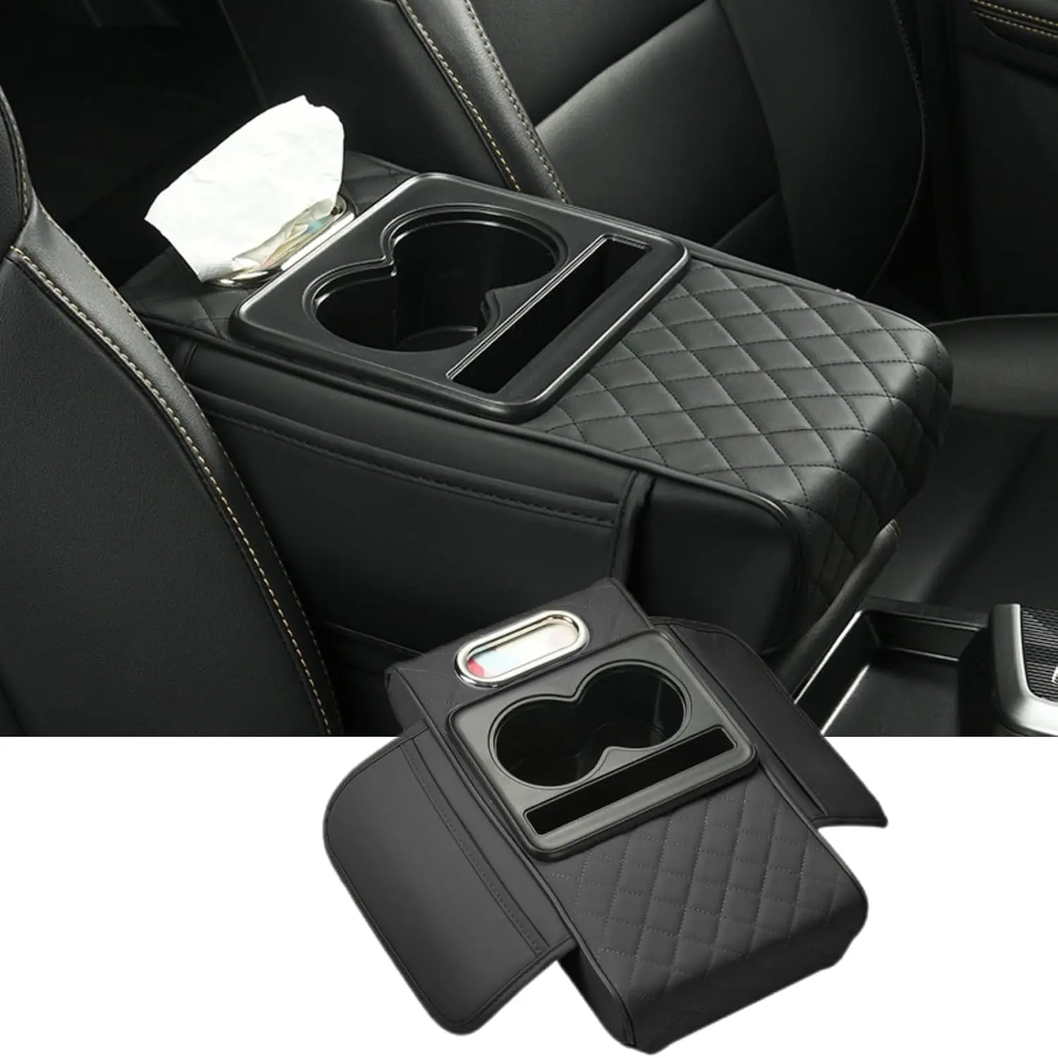 2026 5-in-1 Multifunctional PU Leather Car Armrest Cushion, Memory Foam Armrest Box Mat with Heightening Pad, 2 Storage Bags, Cup Holder, Phone Slot, Tissue Box Slot, Center Console Cover Protector, Interior Organizer Accessories for Cars, Sedans, SUVs