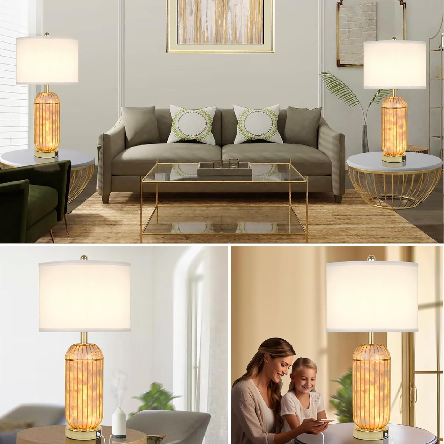 26" Plating Nightstand Lamp with USB C+A Ports, 2 Packs Set Gold Table Lamps, Capiz Shell Bedside Lamps with LED Nightlight, Tall Modern Side Table Lamps with White Lampshade for Bedroom and Living Room