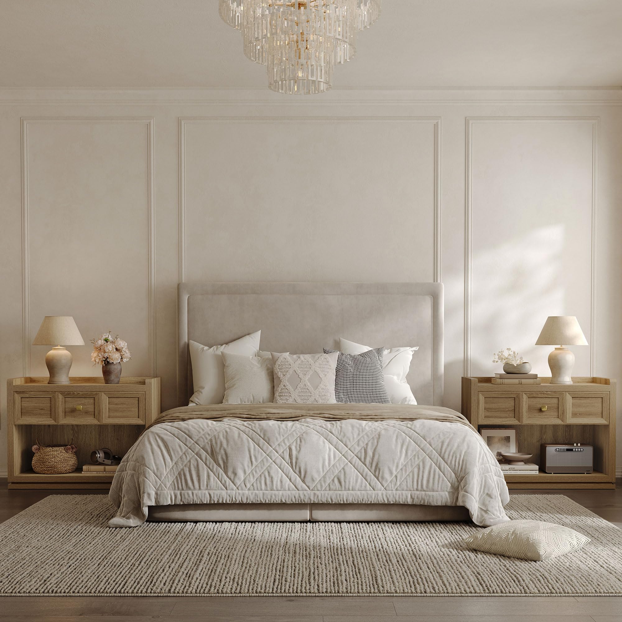 SICOTAS 31" and 26” Wide Nightstands Set of 2, Large Night Stands with Drawer, Oversized King Size Nightstand Bedside Table for Bedroom, Farmhouse End Side Table Set of 2 with Round Corners,Grey White Oak,Durable and Sturdy