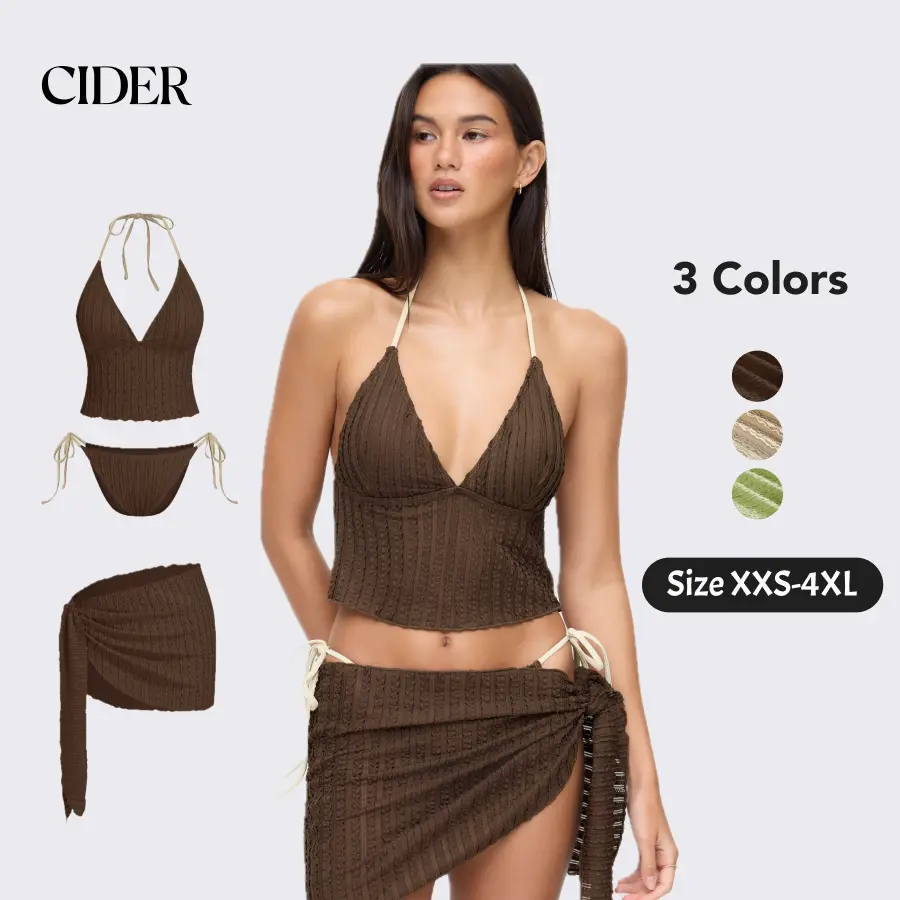 Cider 3-Piece Texture Halter Neckline Lettuce Trim Knotted Tankini Tie Side Bikini Set With Sarong