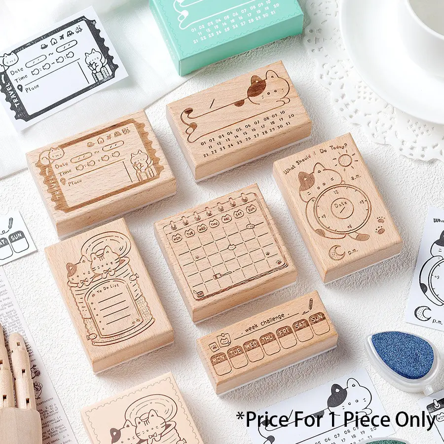 1 pcs Memo Cat Box Wooden Diary Stamp Retro Cat Schedule Planner Beech Wood Stamp Daily Memo Stamp Charming Office Supplies