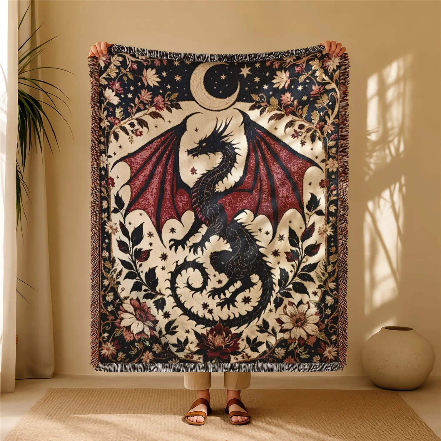 Black & Red Dragon Bohemian Yarn Jacquard Woven Throw Blanket with Tassels, Soft Medium-Weight Boho Blanket for Couch, Not Printed, Wear-Resistant & Machine Washable, Fade-Resistant & Anti-Pilling, Perfect for Home Decor, Picnic, Outdoor & Camping