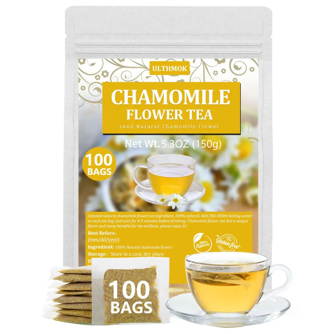 100Bags Chamomile Tea Bags Natural Chamomile Flower Caffeine Free & Non-GMO Herbal Tea