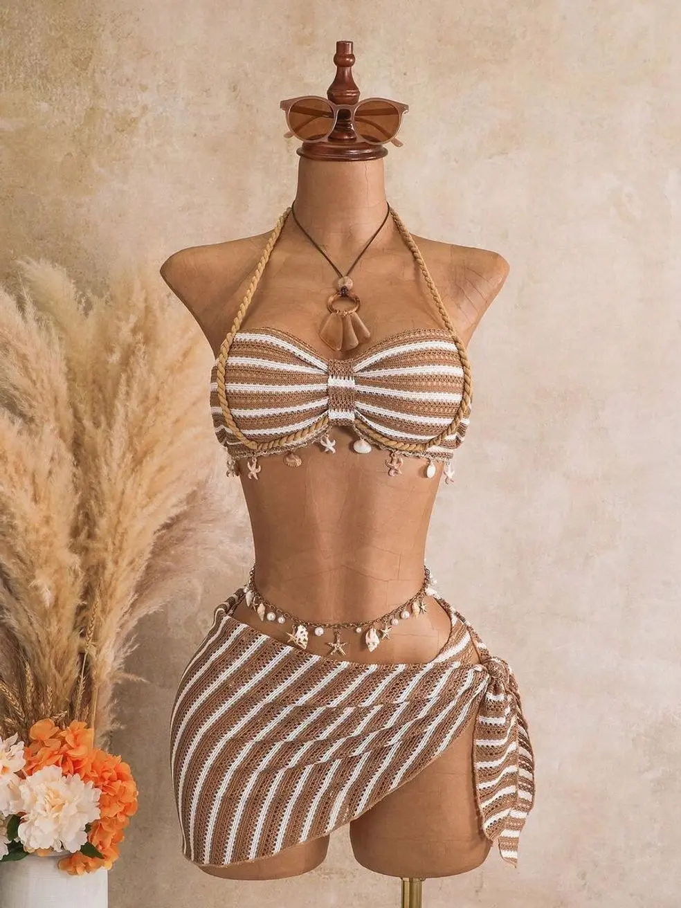 Bellisia Women's 3-Piece Striped Jacquard Bikini Set | Seashell Fringe Bandeau Halter Top & Asymmetric Tie Wrap Skirt