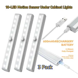 Smart Motion Sensor Under Cabinet Lights 3Pack USB Charging Aluminum Strip Magnetic Suction Free Wiring Night Lights 7.28" for Cabinets Wardrobes Corridors Garages