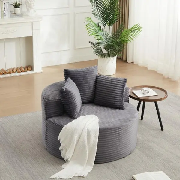Niccae 43-inch round corduroy single sofa, comfortable lounge chair, comes with three pillows, minimalist design, perfect for bedrooms, lounges, game rooms, and living rooms