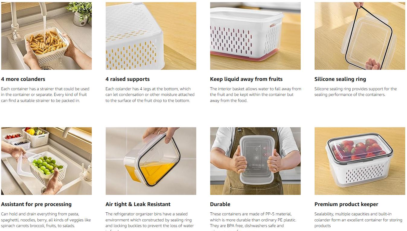 Fruit Storage Containers 4 PCS Refrigerator Organizer Removable Colander, Airtight, Dishwasher Safe for Berries, Fruits & Veggies, Keeps Fresh Longer Kitchen Utensils White