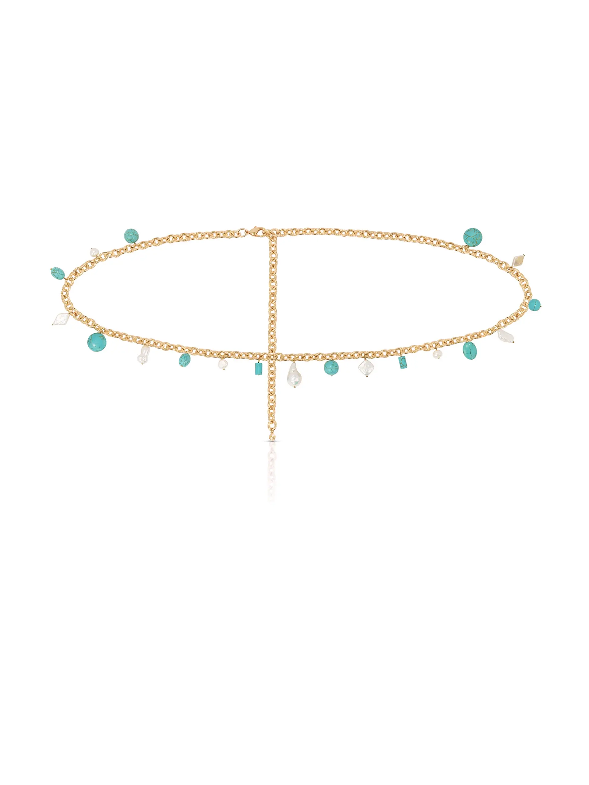 Tropical Turquoise and Pearl Waist Chain – Gold Tone Beaded Body Chain with Freshwater Pearls, Adjustable 25” + 5” Extender, Summer Beach Bikini Jewelry