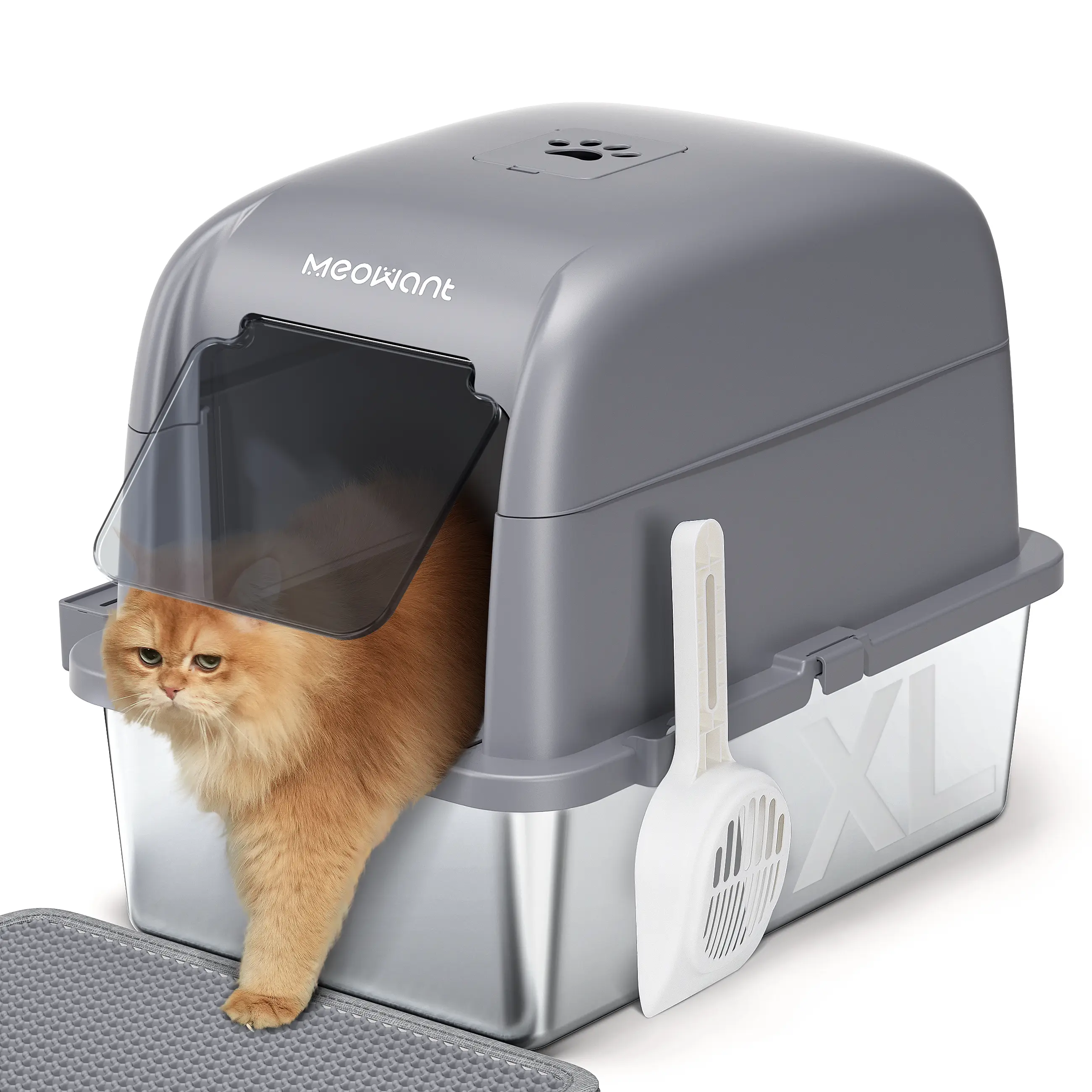 Meowant LB02 Stainless Steel Litter Box with Lid - Extra-Large 3-in-1 Detachable Enclosure, 81L/20L Options, 30-Day Litter Use, High Sides, Odor Control, Non-Stick, Scratch-Resistant, Rust-Free Cat Tray for Pet Lovers