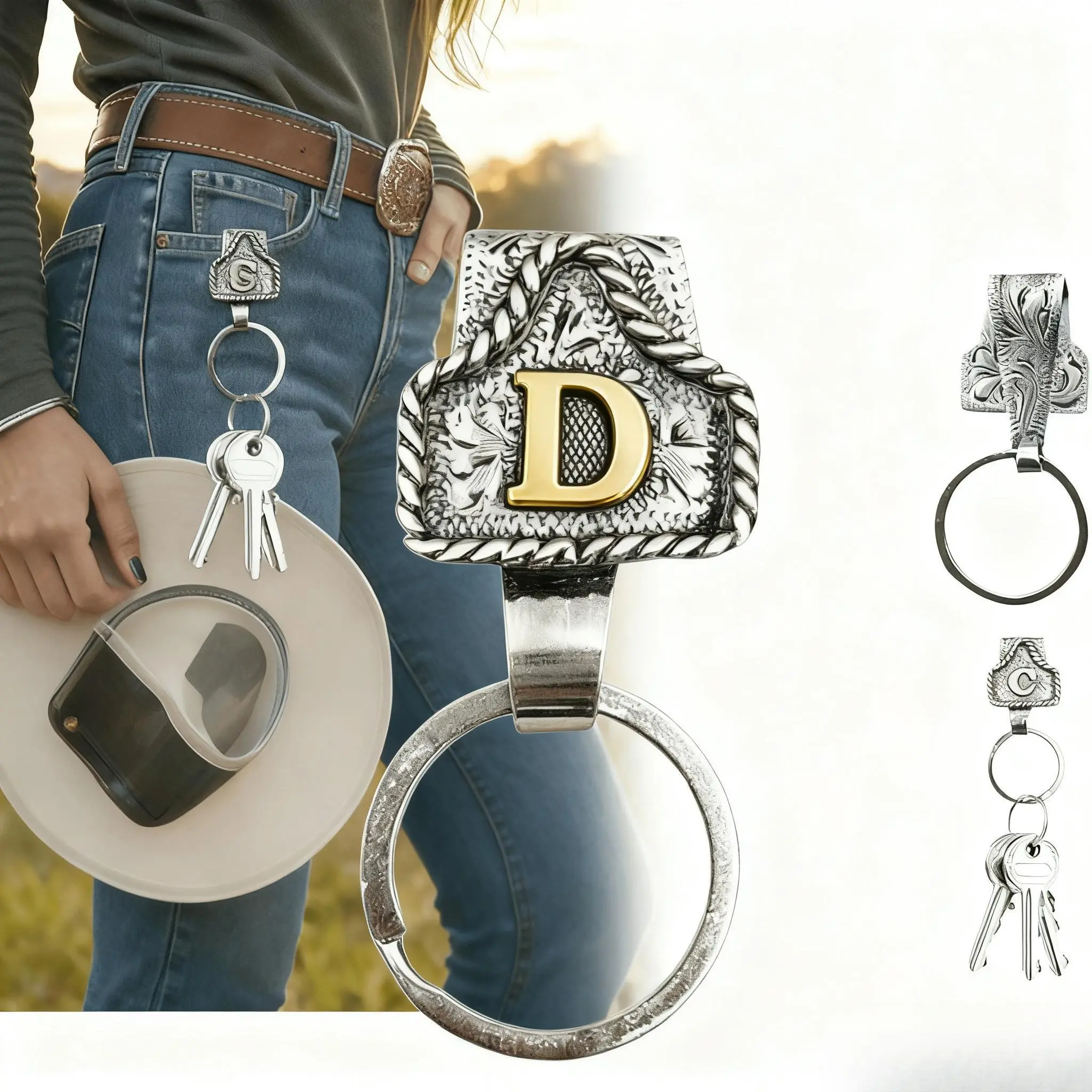 Durable Western Cowboy Keychain Clip - Vintage Rodeo Style Heavy-Duty Metal Belt Loop Key Holder, 26 Alphabet Letter Options, Everyday Cowboy Accessories Adults, Birthday Gifts for Him (Ranchers, Truck Drivers), Letters, 26 Letter Options