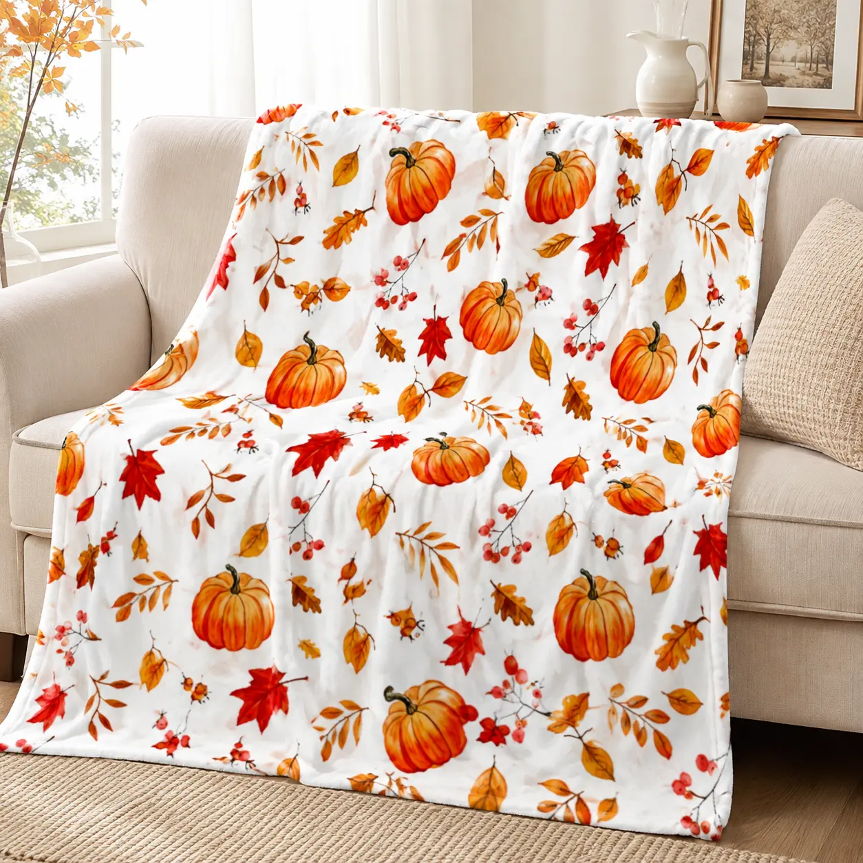 Flannel Fabric Farmhouse Look Blanket - Multi-Size Pumpkin Leaves Design, Soft Cozy Warm Fuzzy Plush Throw, Perfect for Thanksgiving Fall Harvest, Living Room Bedroom Sofa Home Decor Gift