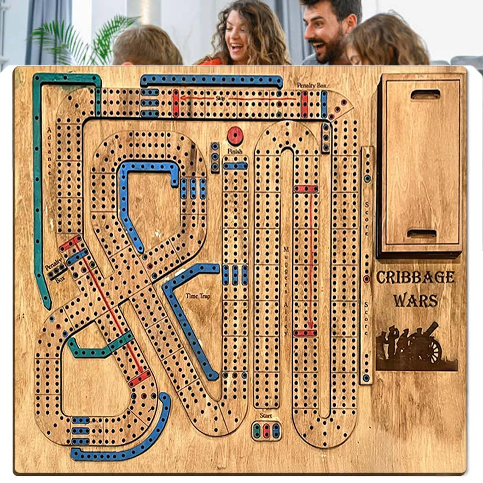 Cribbage Wars Board Game, Wooden Cribbage Board Game Set Traps Games Classic Night Bar Games for Families with Built-in Storage Compartment for Cribbage Pegs