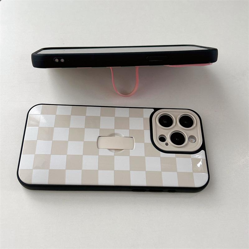 Cute Checkered Checkerboard Phone Case with Finger Strap Kickstand,Slim Full Camera Protection Shockproof Cover for iPhone 16 Pro Max 15 14 13