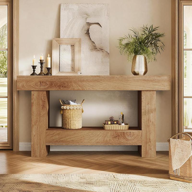63 Inches Long Console Table, Sofa Table with Storage Behind Couch, Entryway Table with Open Storage, Farmhouse Console Tables for Entryway, Living Room, Hallway, Oak Color