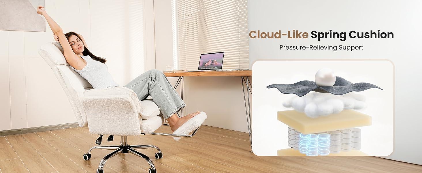 [New Year Sale]Big and Tall Office Chair, Flip Armrests for Pets & Cross Legged Sitting, Executive Ergonomic Computer Gaming Chair with Foot Rest, Teddy Fleece Wide Seat Reclining Desk Chair, White Vanity Chair