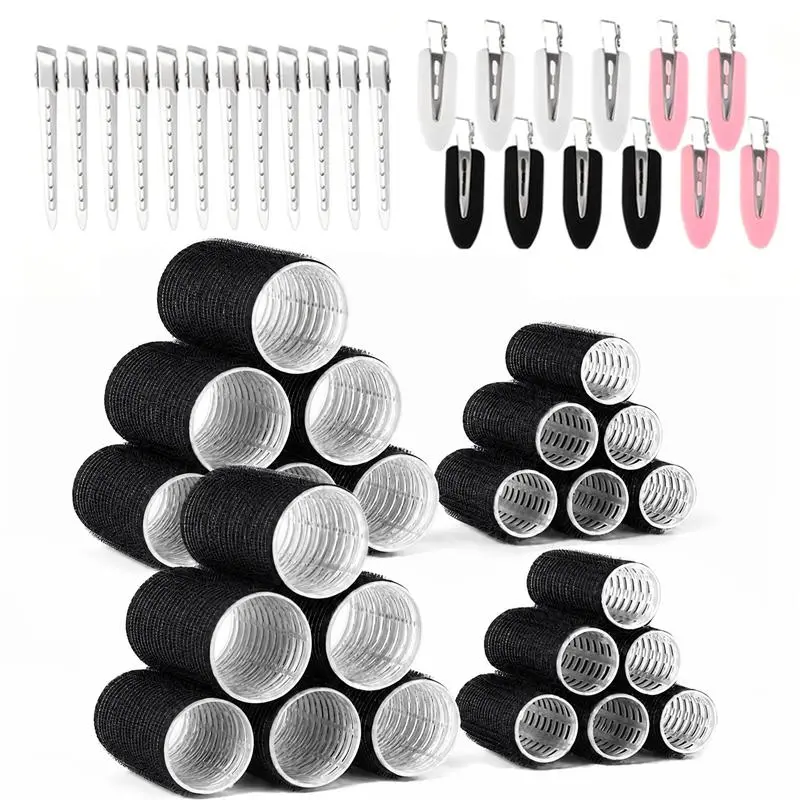 48-Pcs Velcro Self-Grip Hair Roller Set - No Heat Curls Heatless Curling Rod Kit with 2 Sizes (25mm & 55mm) Duckbill Clips, Breathable PP Material, Damage-Free Stainless Steel Adults’ Daily DIY Hairstyler for All Hair Textures