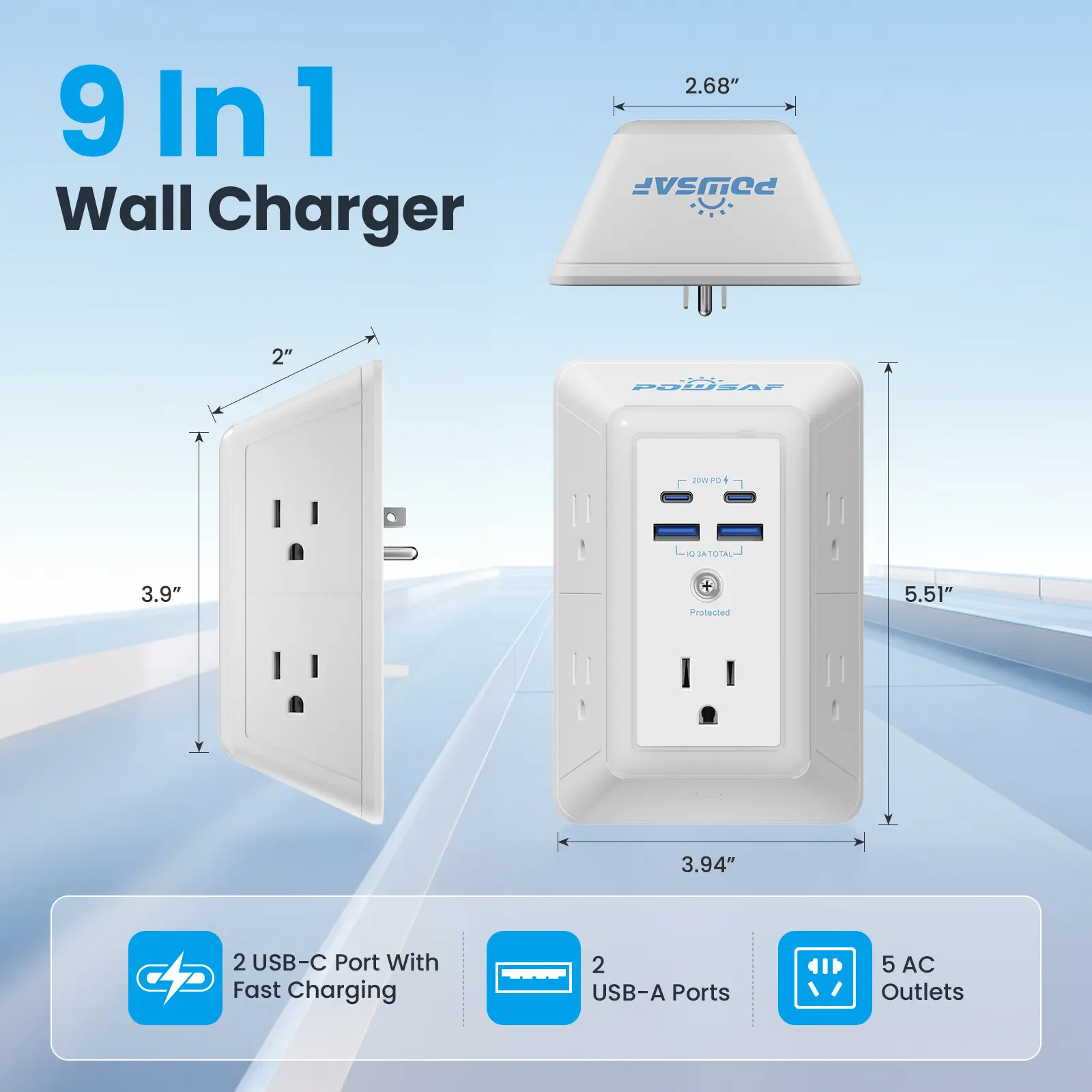POWSAF Back to School Multi Plug Outlet Surge Protector,Power Strip,3-Sided Outlet Extender with 5 Adapter-Spaced Outlets, 4 USB Ports (2 USB-C Fast Charging), Built-in Night Light, ETL Listed for Dorm Room, Home & Electronics