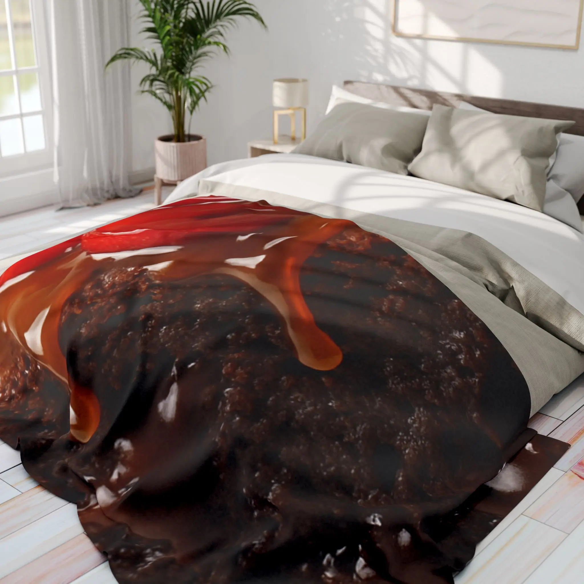 Valentine's Day Gift -Cherries Chocolate Brownie Cake Caramel Drizzle Fleece Blanket | #CakeTok #BakeTok #CakeSlice #blanket #Bedding