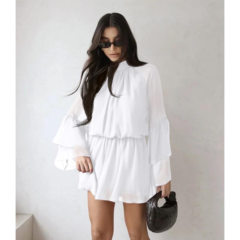 HYZ Women's Flowy Chiffon Half Sleeve Dress with Ruffled Bell Sleeves Back Cutout High Neck Casual Party Mini Dress