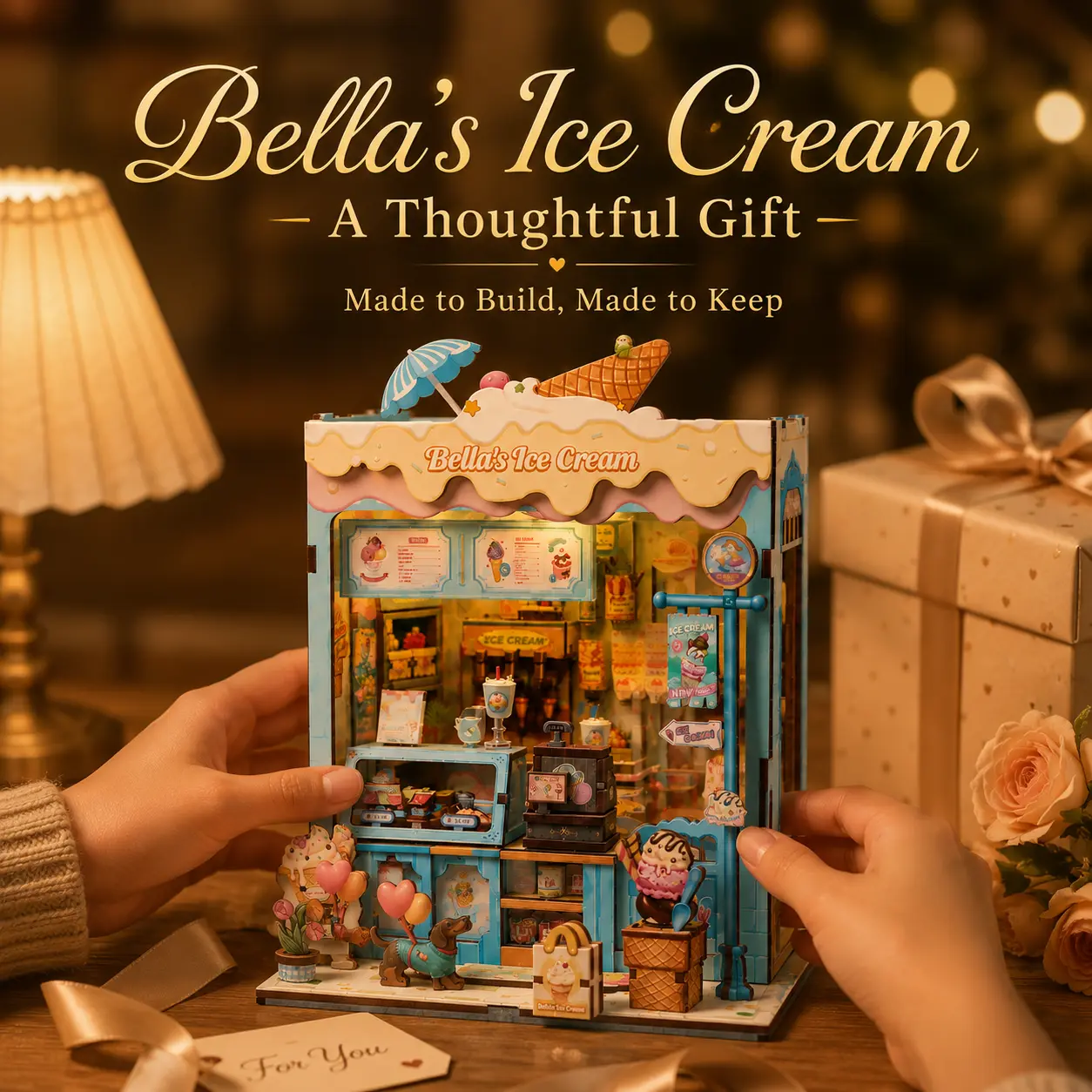 CUTEBEE Bella's Ice Cream DIY Book Nook Building Block Model Kit with LED Lights - Collectible Construction Set, Cute Room Stuff, Screen-Free Kids' Gift, Room Stuff