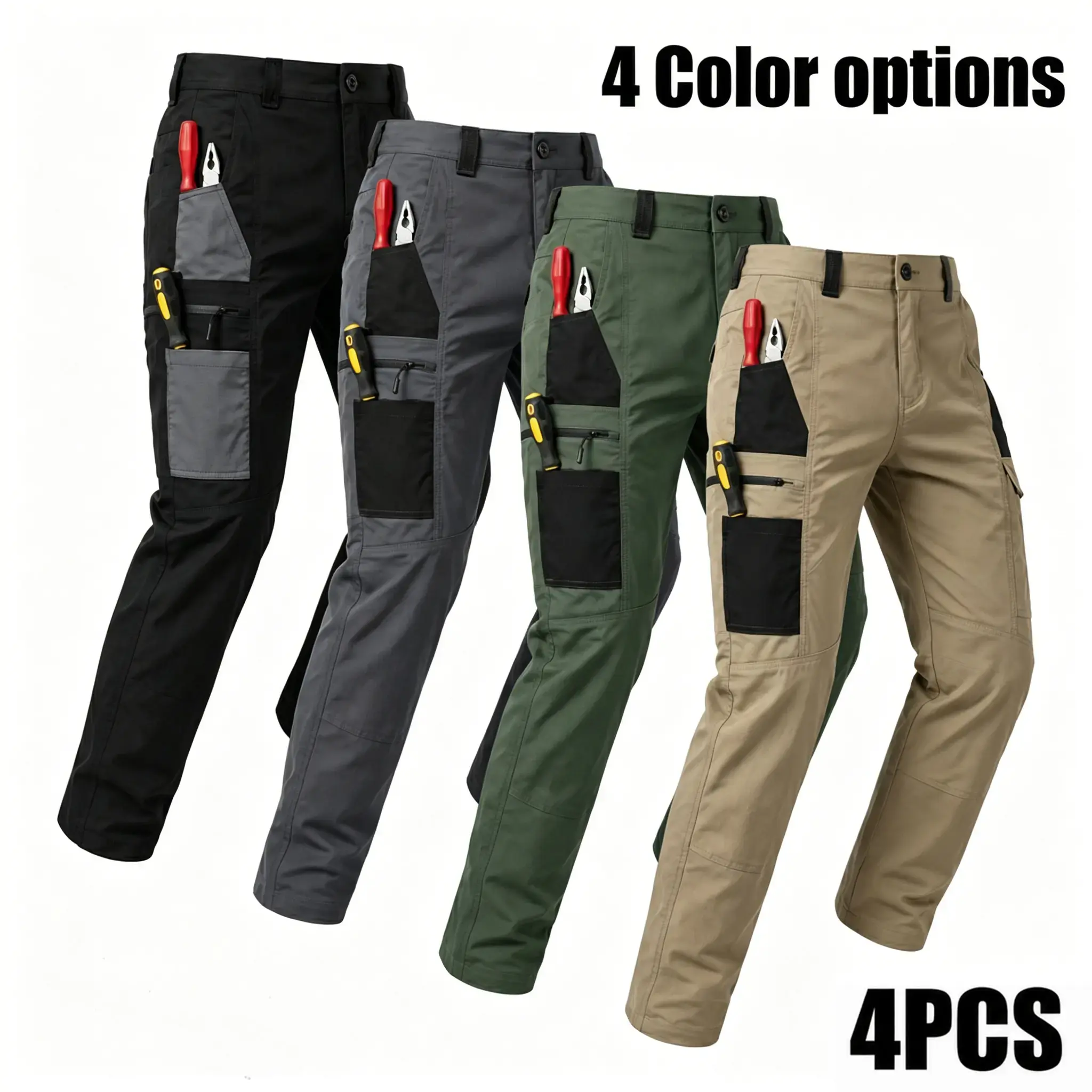 4-pack men’s tactical cargo pants with multiple pockets, durable fabric, perfect for outdoor activities and casual wear; work pants (no belt).