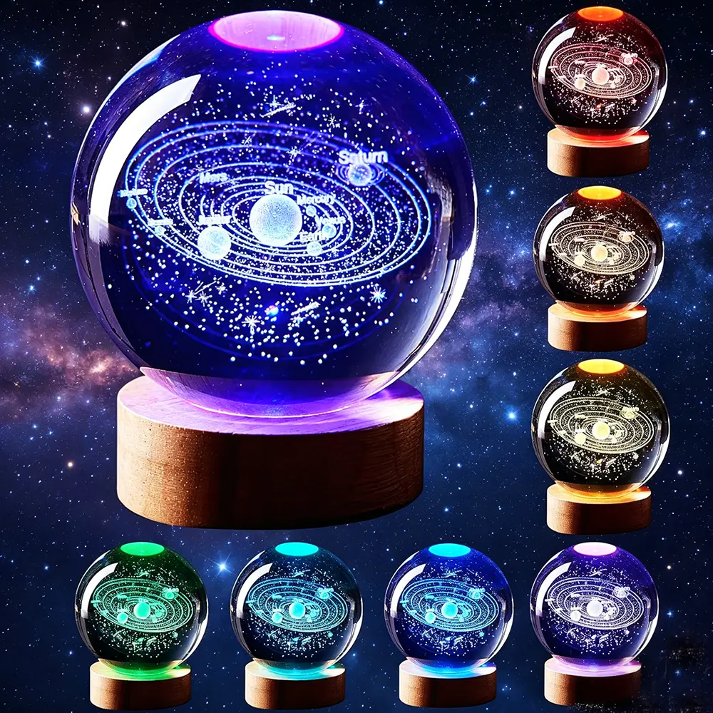 6cm Solid 3D Solar System Crystal Ball Casual LED Desk Lamp - 16-Color Changing Glass Sphere, Remote-Controlled, USB-Powered, Wood-Accent, LED Glow Space Novelty Night Light, Educational Room Decor, Cool Gadget for Teenage Boys, Vibrant